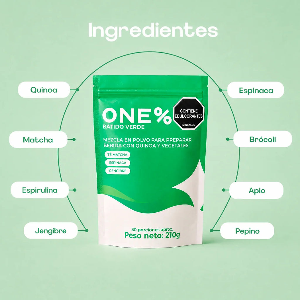 Etiqueta del Batido Verde ONE% con superalimentos y espirulina