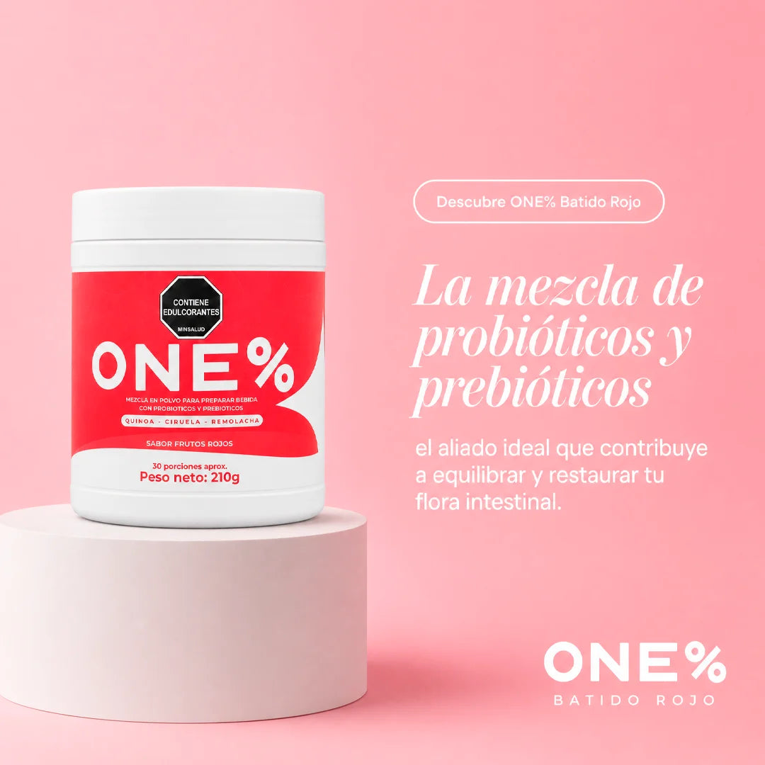 Batido Rojo ONE% en polvo con probióticos y prebióticos, tarro de 210 g de frutos rojos