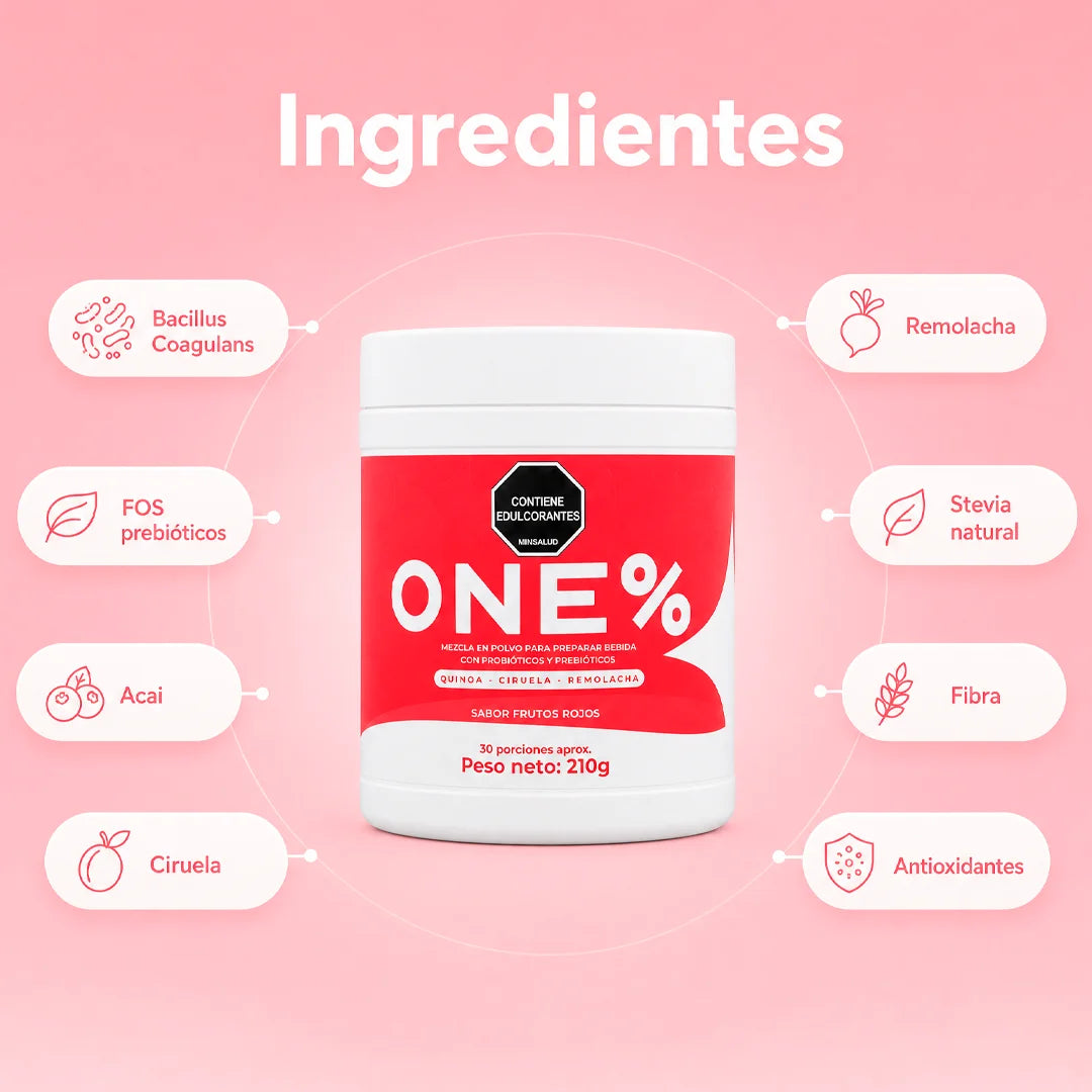 Etiqueta del Batido Rojo ONE% con Bacillus coagulans para la digestión